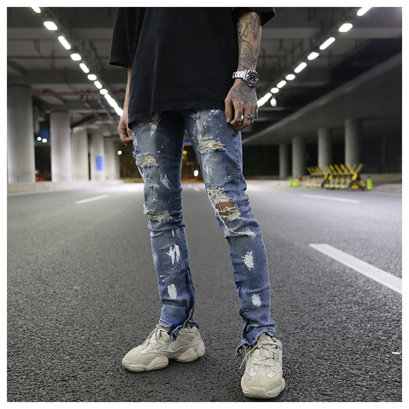 Splash ink graffiti hole inside zip stretch slim feet jeans