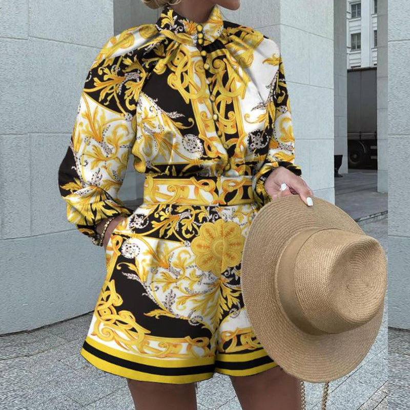 Printed Long Sleeve Top Shorts Set Two Piece