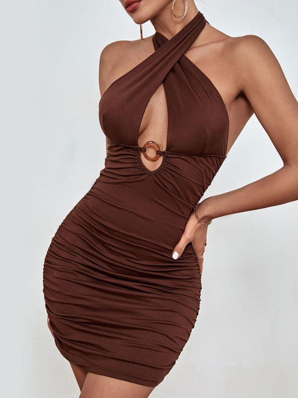 Hot girl nightclub outfit solid color hollow sexy dress