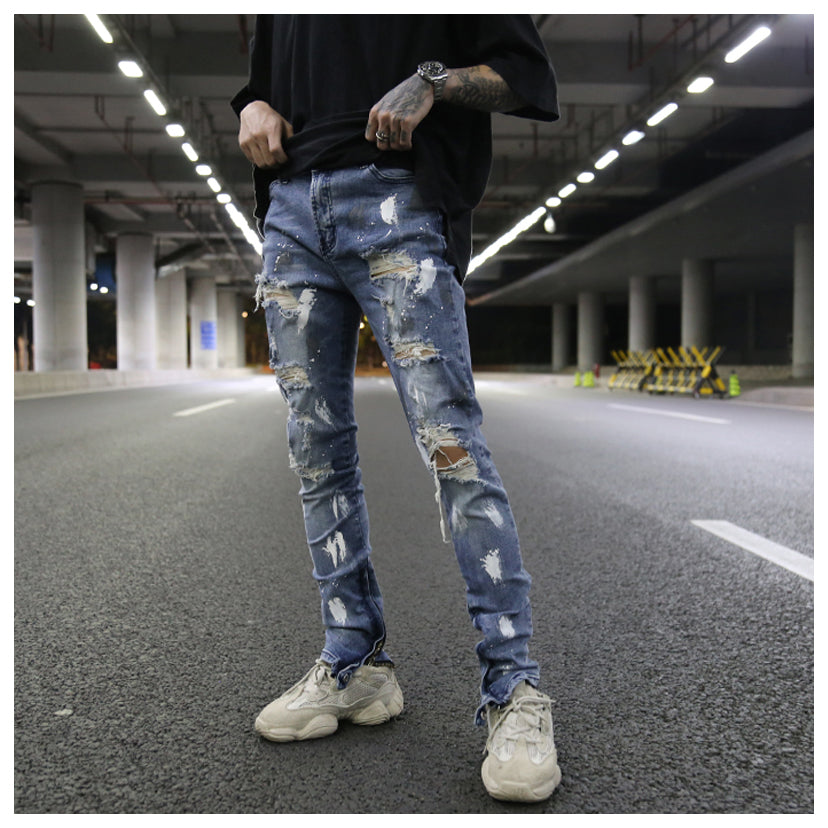 Splash ink graffiti hole inside zip stretch slim feet jeans