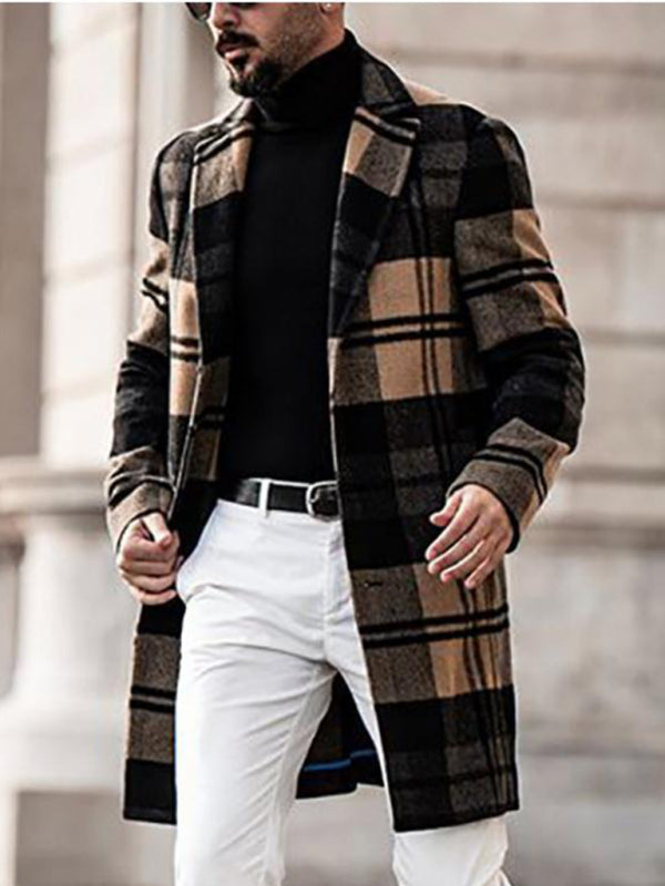 Men's Casual Fashion Plaid Coat Mid Length Coat Coat