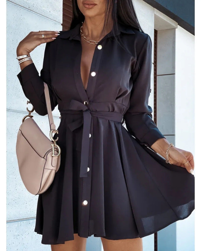 Women's solid lapel button tie dress